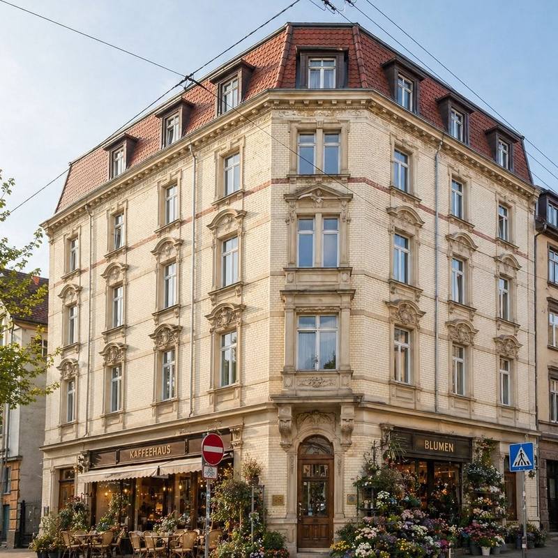 Saniertes Gründerzeit-Eckhaus in Stuttgart-West mit heller Fassade, Café und Blumenladen im Erdgeschoss